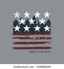 Vector illustration on a theme of New York City, Brooklyn. Stylized American flag. Grunge background. Vintage design. Typography, t-shirt graphics, poster, banner, print, flyer, postcard