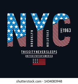 Vector illustration on the theme of New York City, Brooklyn. Stylized American flag. Typography, t-shirt graphics, poster, print, banner, flyer, postcard - Vector