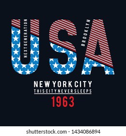 Vector illustration on the theme of New York City,  Brooklyn. Stylized American flag. Typography, t-shirt graphics, poster, print, banner, flyer, postcard - Vector