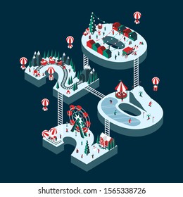 Vector illustration on the theme New Year 2020. Isometric style. Happy people are having fun and celebrating winter holidays. For a poster or banner and greeting card.
