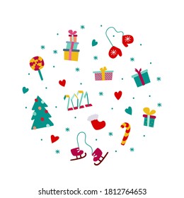 Vector illustration on the theme of the New Year.
Christmas tree, boxes with gifts, skates, inscription 2021. For a postcard, for a congratulation, a poster, a sticker.
