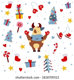 Vector illustration on the theme of the New Year.
Bull picture with festive details. For a postcard, for a congratulation, a poster, a sticker.