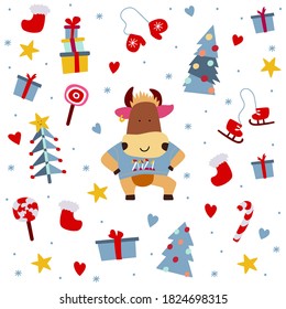 Vector illustration on the theme of the New Year.
Bull picture with festive details. For a postcard, for a congratulation, a poster, a sticker.