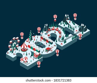 Vector illustration on the theme New Year 2021. Isometric style. Happy people are having fun and celebrating winter holidays. For a poster or banner and greeting card.