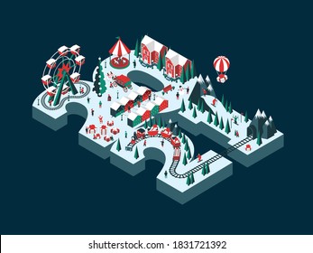 Vector illustration on the theme New Year 2021. Isometric style. Happy people are having fun and celebrating winter holidays. For a poster or banner and greeting card.