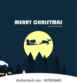 Vector illustration on the theme of the new year with santa claus flying against the background of the moon and above the trees