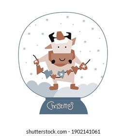 Vector illustration on the theme of the New Year..Vector illustration of a snowball. Inside a bull with hearts in his hands. in pastel colors. Poster, postcard, printable.