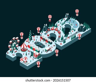 Vector illustration on the theme New Year 2022. Isometric style. Happy people are having fun and celebrating winter holidays. For a poster or banner and greeting card.
