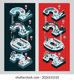 Vector illustration on the theme New Year 2022. Isometric style. Happy people are having fun and celebrating winter holidays. For a poster or banner and greeting card.
