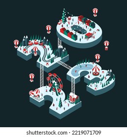 Vector illustration on the theme New Year 2023. Isometric style. Happy people are having fun and celebrating winter holidays. For a poster or banner and greeting card.
