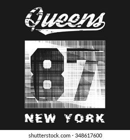 Vector illustration on the theme of New York, Queens. Grunge style.  Typography, t-shirt graphics, poster, banner, flyer, postcard

