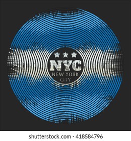 Vector illustration on the theme of New York. Stylization of a vinyl record. Vintage design.  Grunge background. Typography, t-shirt graphics, poster, banner, flyer, postcard
