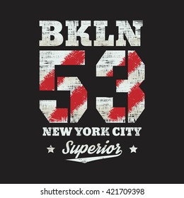 Vector illustration on the theme of New York, Brooklyn.  Vintage design.  Grunge background.  Number sport typography, t-shirt graphics, poster, banner, stamp, print, postcard