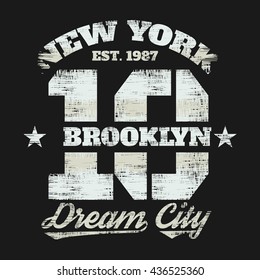 Vector illustration on the theme of New York, Brooklyn.  Vintage design.  Grunge background.  Number sport typography, t-shirt graphics, poster, banner, stamp, print, postcard