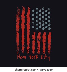 Vector Illustration On A Theme Of New York City. Stylized American Flag. Grunge Background. Typography, T-shirt Graphics, Poster, Banner, Print, Flyer, Postcard