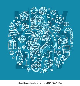 Vector illustration on the theme of new year. Postcard with text new year 2017. Hand drawn cock and different elements and icons include fir tree, present, toy, champagne, heart, candle, star, candy.