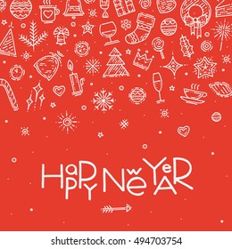 Vector illustration on the theme of new year. Happy new year postcard. Hand drawn different elements and icons include fir tree, present, toy, champagne, heart, candle, star, candy, coffee.