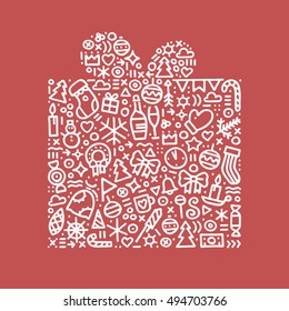 Vector illustration on the theme of new year. Happy new year postcard. Big gift. Hand drawn different elements and icons include fir tree, present, toy, champagne, heart, candle, star, candy, coffee. 