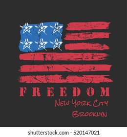 Vector illustration on a theme of New York City, Brooklyn. Stylized American flag. Grunge background. Typography, t-shirt graphics, poster, banner, print, flyer, postcard