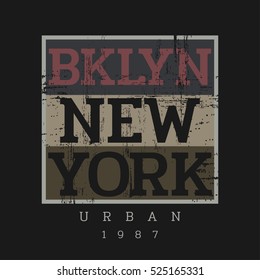 Ilustración vectorial sobre el tema en Nueva York, Brooklyn.  Diseño de época. Borde fondo. Tipografía de sello, gráficos de camisetas, afiche, impresión; postal