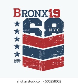 Vector illustration on the theme of  New York City, Bronx. Vintage design.  Grunge background. Number sport typography, t-shirt graphics, poster, print, banner, flyer, postcard