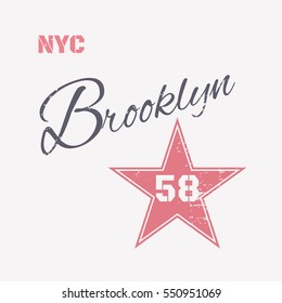 Vector illustration on the theme of New York City, Brooklyn. Vintage design.  Grunge background. Number sport typography, t-shirt graphics, print, poster, banner, flyer, postcard