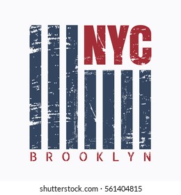 Vector illustration on the theme in New York City, Brooklyn. Stylized American flag. Grunge background. Typography, t-shirt graphics, print, poster, banner, flyer, postcard