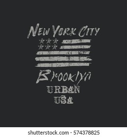 Vector illustration on a theme of New York City, Brooklyn. Stylized American flag. Grunge background. Typography, t-shirt graphics, poster, banner, print, flyer, postcard

