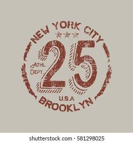 Vector illustration on the theme of New York City, Brooklyn. Grunge background.  Vintage design. Number sport typography, t-shirt graphics, poster, stamp, print, banner, flyer, postcard