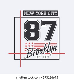 Vector illustration on the theme of New York City, Brooklyn. Stylized American flag.  Number sport typography, t-shirt graphics, poster, print, banner, flyer, postcard