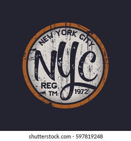 Vector illustration on a theme of New York City. Vintage design. Grunge background. Stamp typography, t-shirt graphics, poster, banner, print, flyer, postcard