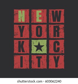 Vector illustration on the theme of New York City. Grunge background. Typography, t-shirt graphics, poster, banner, flyer, print and postcard