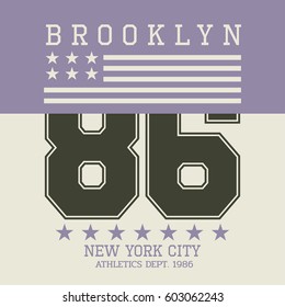 Vector illustration on the theme of New York City, Brooklyn. Stylized American flag.  Vintage design.  Number sport typography, t-shirt graphics, poster, print, banner, flyer, postcard