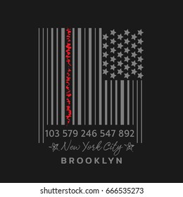 Vector illustration on a theme of New York City, Brooklyn and barcode. Stylized American flag. Typography, t-shirt graphics, poster, banner, print, flyer, postcard