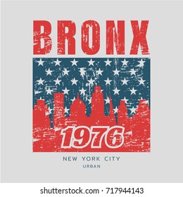 Vector illustration on the theme in New York City, Bronx. Stylized American flag. Vintage design. Grunge background. Typography, t-shirt graphics, print, poster, banner, flyer, postcard