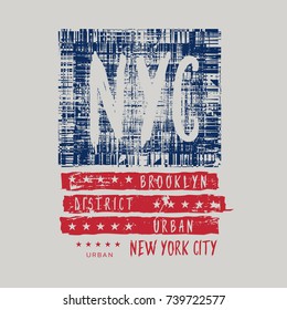 Vector illustration on a theme of New York City, Brooklyn. Vintage design.  Stylized American flag. Grunge background. Typography, t-shirt graphics, poster, banner, print, flyer, postcard