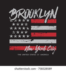 Vector Illustration On A Theme Of New York City, Brooklyn. Vintage Design. Grunge Background. Stylized American Flag.  Typography, T-shirt Graphics, Poster, Print, Banner, Flyer, Postcard