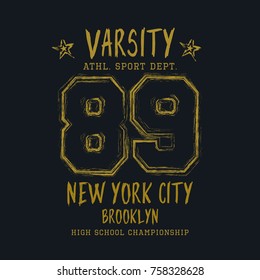 Vector illustration on the theme of New York City, Brooklyn. Grunge background.  Vintage design. Number sport typography, t-shirt graphics, poster, stamp, print, banner, flyer, postcard