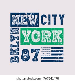 Vector illustration on a theme of New York City, Brooklyn. Vintage design. Grunge background. Stylized American flag.  Typography, t-shirt graphics, poster, print, banner, flyer, postcard
