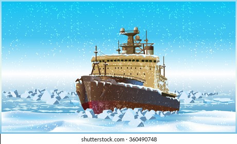 Vector illustration on the theme of the north. Icebreaker in the ice of the Arctic Ocean