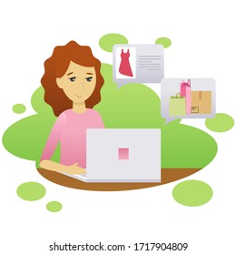 Ilustración vectorial sobre el tema de las compras en línea. En la imagen, la chica detrás del portátil compra un vestido y organiza la entrega
