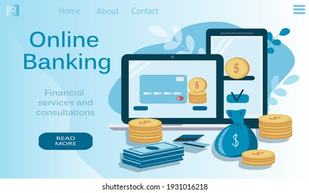 vector illustration on the theme of online banking and finance, internet payment. smartphone, laptop,  paper money and coins, credit cards, flat illustration, banner for web, magazine and app