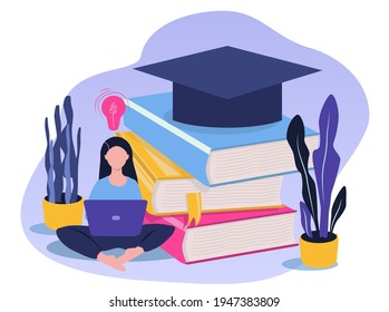 vector illustration on the theme of online learning. girl with laptop, books, graduate cap. online education. flat illustration for sites. applications, magazines