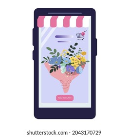 vector illustration on the theme of online flower shop, delivery of bouquets. beautiful bouquet on the smartphone screen. trend illustration in flat style