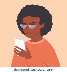 vector illustration on the theme of online communication, internet surfing - a black woman looks at the smartphone screen. trend illustration in flat style