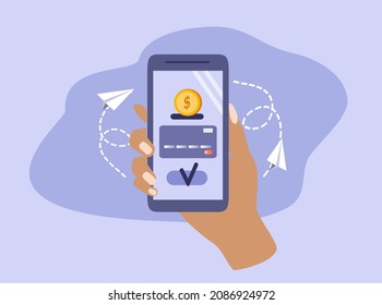 vector illustration on the theme of online payments through a smartphone. hand holds a smartphone, on the screen of which an approved transaction. trend illustration in flat style