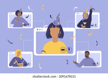 vector illustration on the theme of online birthday celebration. the girl  celebrate her birthday, friends congratulate her by video link. all of them are on the screens of the laptop. trend illustration