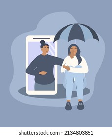 vector illustration on the theme of online psychological support, friendship, sisterhood, care. a girl with an umbrella protrudes from the smartphone screen and holds it over her crying friend