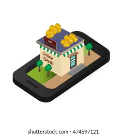 Vector illustration on the theme of the online Bank , mobile phone, money and Bank card -isometric