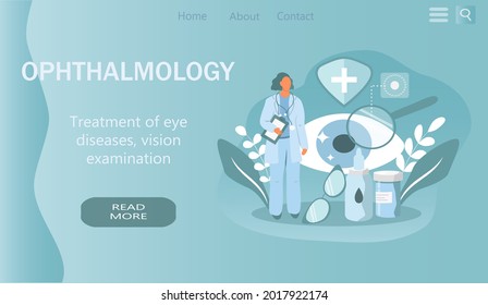 Vektorgrafik zum Thema Augenheilkunde, Banner für Arzt, Augentropfen, Tabletten, Augen und Brillen. Trend-Illustration in flachem Stil